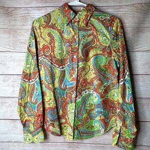 Lauren Ralph Lauren Petites Orange Paisley Long Sleeve Button Down Women's PS